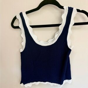 Maeve Navy Blue Cropped Tank with White Ruffle Trim